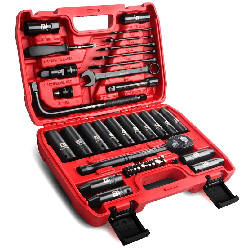 LLNDEI 1/2-Inch Drive Ratchet Impact Socket Wrench Set Deep Sockets(8-24mm) Spark Plug Socket(16 21mm) 49PCS  CR-V  Metric Combination Wrenches (8-17mm) 72T Ratchet Handle for Mechanics - Image 1